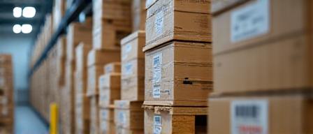 Boxes being sorted in a bright warehouse