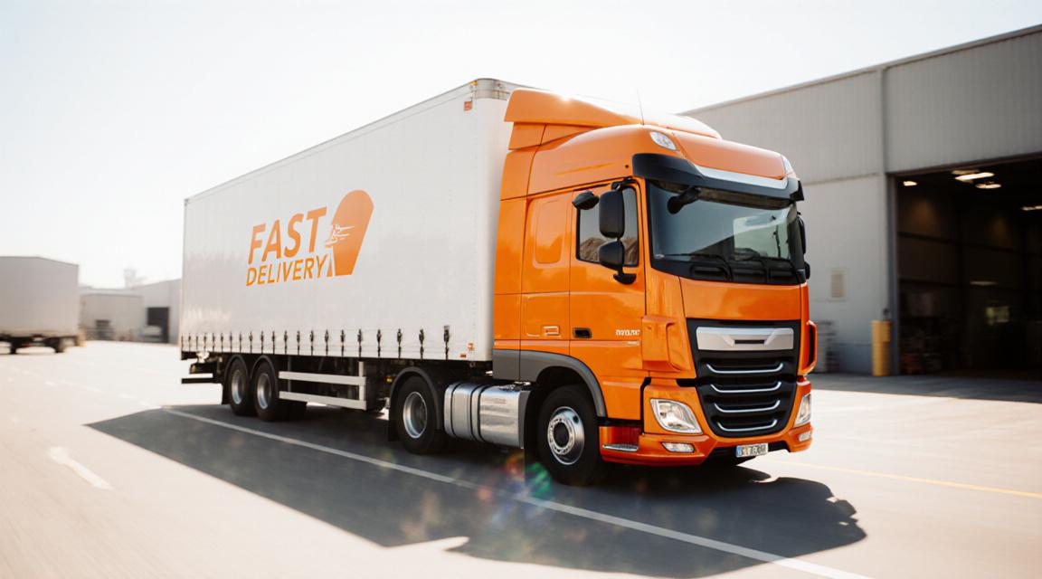 Brightly coloured stylized delivery truck moving through a modern landscape